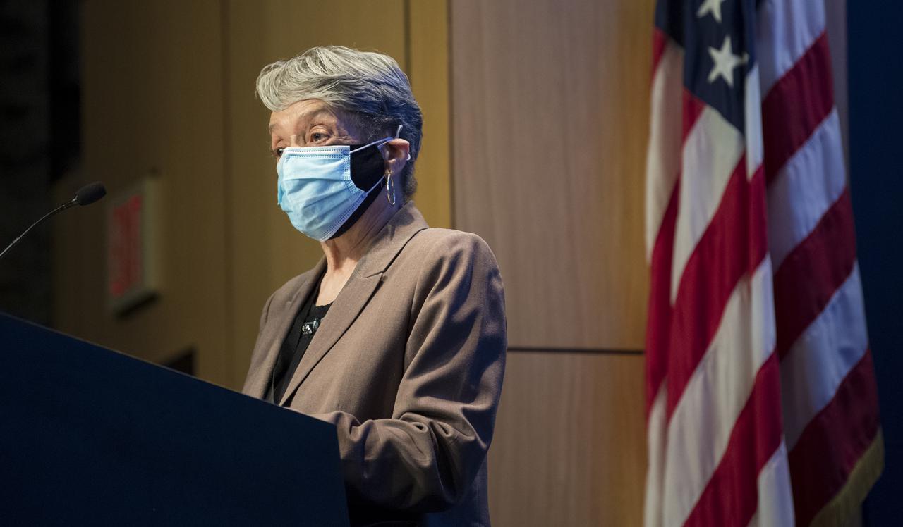 Christine Darden, retired NASA engineer and "Hidden Figure,” speaks during a ceremony officially naming the NASA Headquarters building in honor of Mary W. Jackson, Friday, Feb. 26, 2021, at NASA Headquarters in Washington, DC. Mary W. Jackson, the first African American female engineer at NASA, began her career with the agency in the segregated West Area Computing Unit of NASA’s Langley Research Center in Hampton, Virginia. The mathematician and aerospace engineer went on to lead programs influencing the hiring and promotion of women in NASA's science, technology, engineering, and mathematics careers. In 2019, she posthumously received the Congressional Gold Medal. Photo Credit: (NASA/Joel Kowsky)