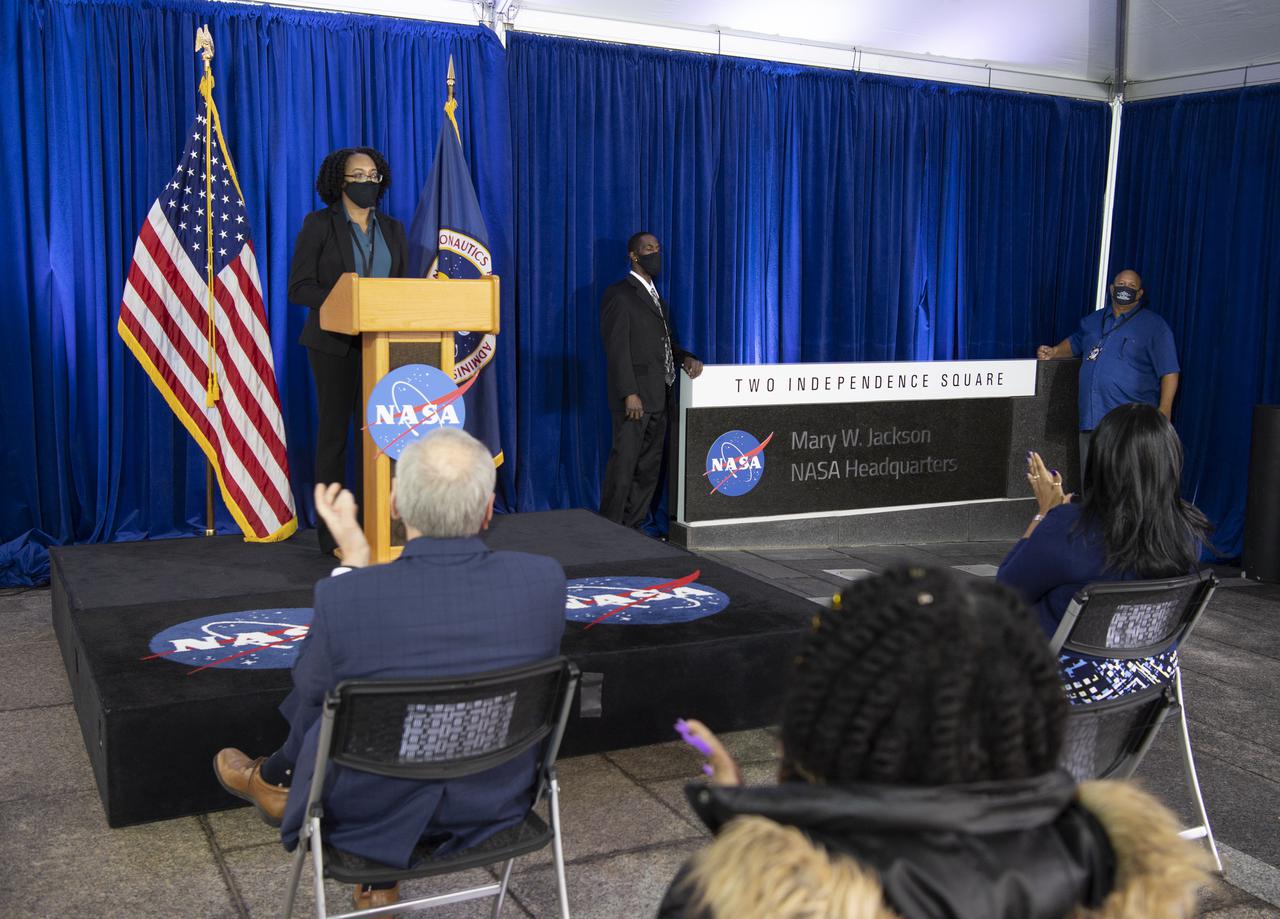 The Mary W. Jackson NASA Headquarters sign is seen after being unveiled by Bryan Jackson, grandson of Mary W. Jackson, and Raymond Lewis, son-in-law of Mary W. Jackson, during a ceremony officially naming the building, Friday, Feb. 26, 2021, at NASA Headquarters in Washington, DC. Mary W. Jackson, the first African American female engineer at NASA, began her career with the agency in the segregated West Area Computing Unit of NASA’s Langley Research Center in Hampton, Virginia. The mathematician and aerospace engineer went on to lead programs influencing the hiring and promotion of women in NASA's science, technology, engineering, and mathematics careers. In 2019, she posthumously received the Congressional Gold Medal. Photo Credit: (NASA/Joel Kowsky)