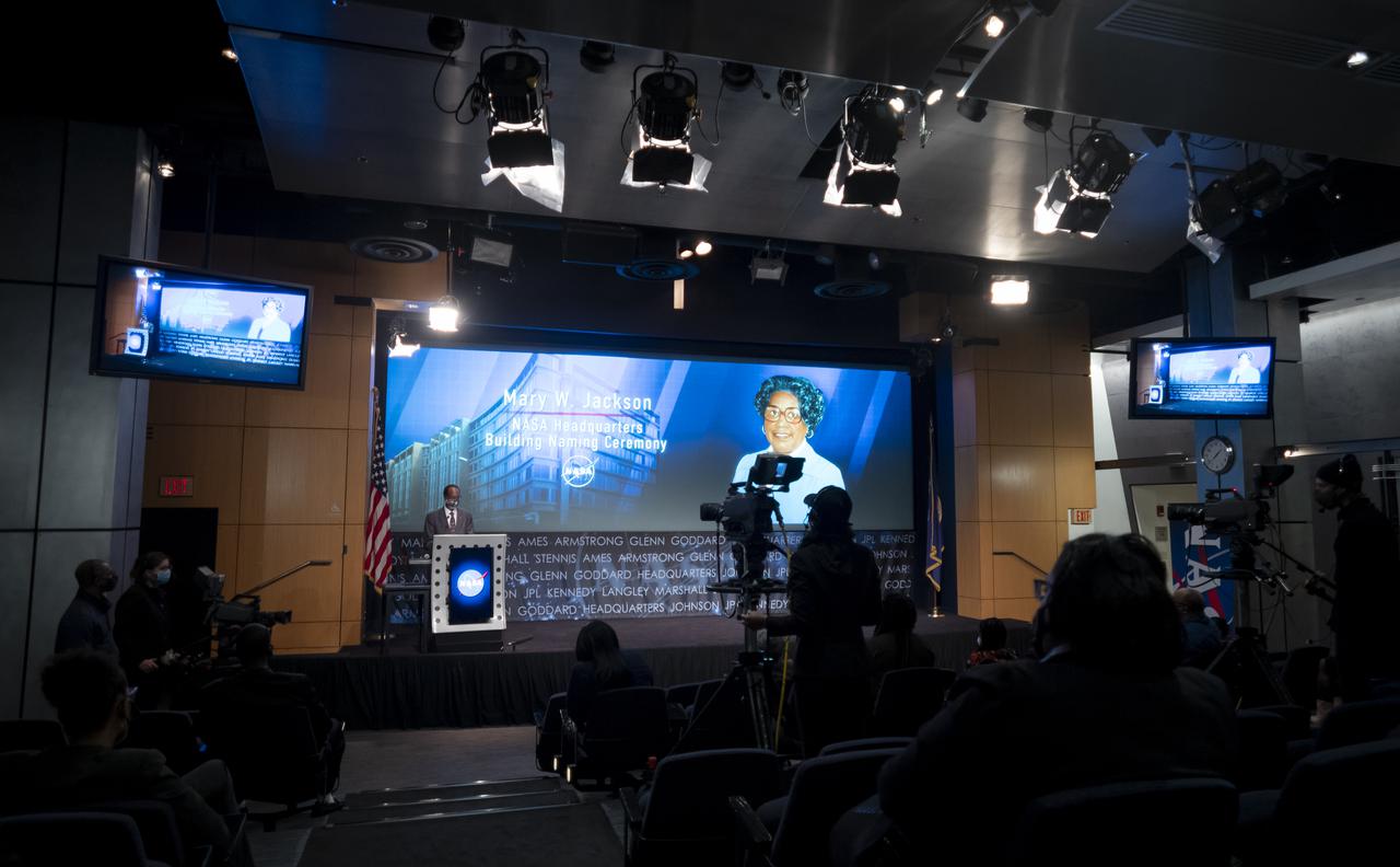 Clayton Turner, Director of NASA's Langley Research Center, speaks during a ceremony officially naming the NASA Headquarters building in honor of Mary W. Jackson, Friday, Feb. 26, 2021, at NASA Headquarters in Washington, DC. Mary W. Jackson, the first African American female engineer at NASA, began her career with the agency in the segregated West Area Computing Unit of NASA’s Langley Research Center in Hampton, Virginia. The mathematician and aerospace engineer went on to lead programs influencing the hiring and promotion of women in NASA's science, technology, engineering, and mathematics careers. In 2019, she posthumously received the Congressional Gold Medal. Photo Credit: (NASA/Joel Kowsky)