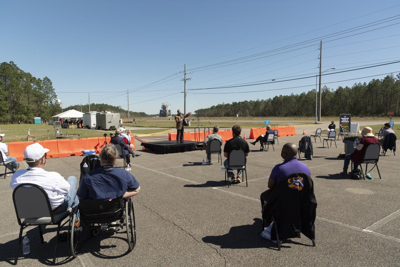 Rick Gilbrech, director of NASA's Stennis Space Center, speaks to invited guests ahead of a second hot fire test of the core stage for the first flight of NASA’s Space Launch System rocket in the B-2 Test Stand, Thursday, March 18, 2021, at NASA’s Stennis Space Center near Bay St. Louis, Mississippi. The hot fire test is the final stage of the Green Run test series, a comprehensive assessment of the Space Launch System’s core stage prior to launching the Artemis I mission to the Moon.  Photo Credit: (NASA/Robert Markowitz)