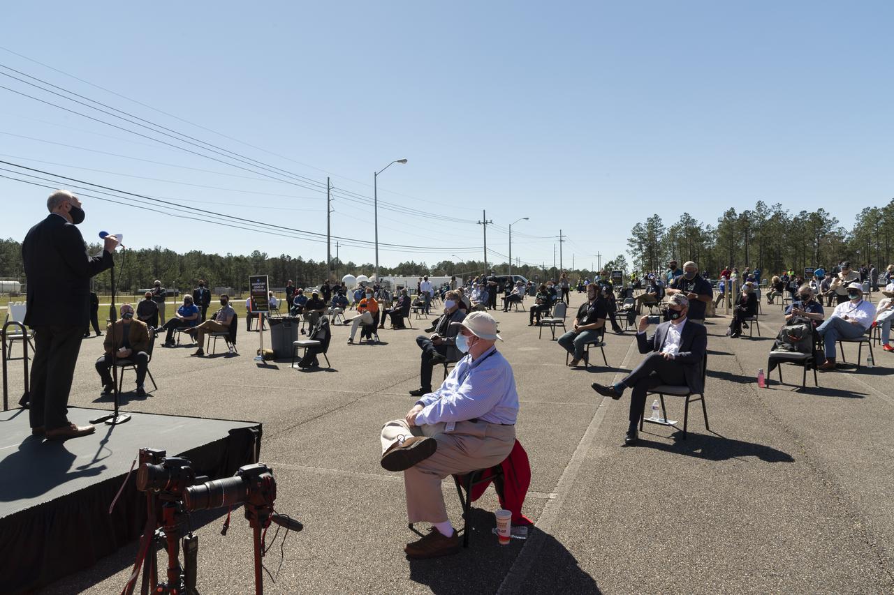 Acting NASA Administrator Steve Jurczyk speaks to invited guests ahead of a second hot fire test of the core stage for the first flight of NASA’s Space Launch System rocket in the B-2 Test Stand, Thursday, March 18, 2021, at NASA’s Stennis Space Center near Bay St. Louis, Mississippi. The hot fire test is the final stage of the Green Run test series, a comprehensive assessment of the Space Launch System’s core stage prior to launching the Artemis I mission to the Moon.  Photo Credit: (NASA/Robert Markowitz)