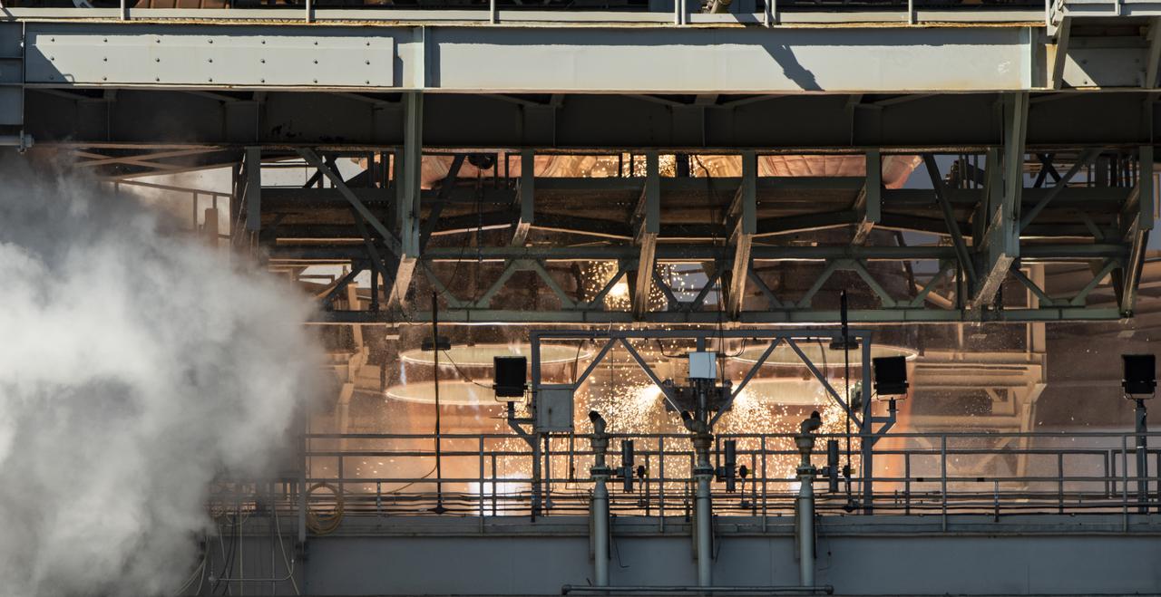 The core stage for the first flight of NASA’s Space Launch System rocket is seen in the B-2 Test Stand during a second hot fire test, Thursday, March 18, 2021, at NASA’s Stennis Space Center near Bay St. Louis, Mississippi. The four RS-25 engines fired for the full-duration of 8 minutes during the test and generated 1.6 million pounds of thrust. The hot fire test is the final stage of the Green Run test series, a comprehensive assessment of the Space Launch System’s core stage prior to launching the Artemis I mission to the Moon. Photo Credit: (NASA/Robert Markowitz)