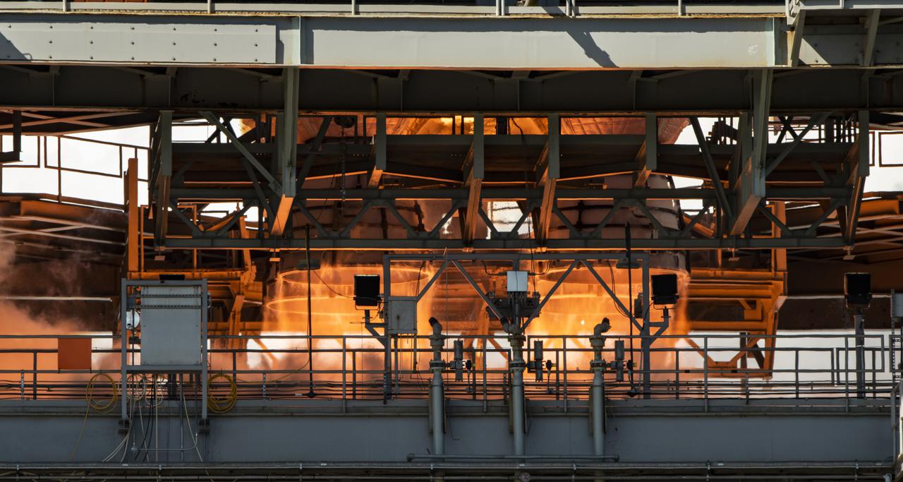 The core stage for the first flight of NASA’s Space Launch System rocket is seen in the B-2 Test Stand during a second hot fire test, Thursday, March 18, 2021, at NASA’s Stennis Space Center near Bay St. Louis, Mississippi. The four RS-25 engines fired for the full-duration of 8 minutes during the test and generated 1.6 million pounds of thrust. The hot fire test is the final stage of the Green Run test series, a comprehensive assessment of the Space Launch System’s core stage prior to launching the Artemis I mission to the Moon. Photo Credit: (NASA/Robert Markowitz)