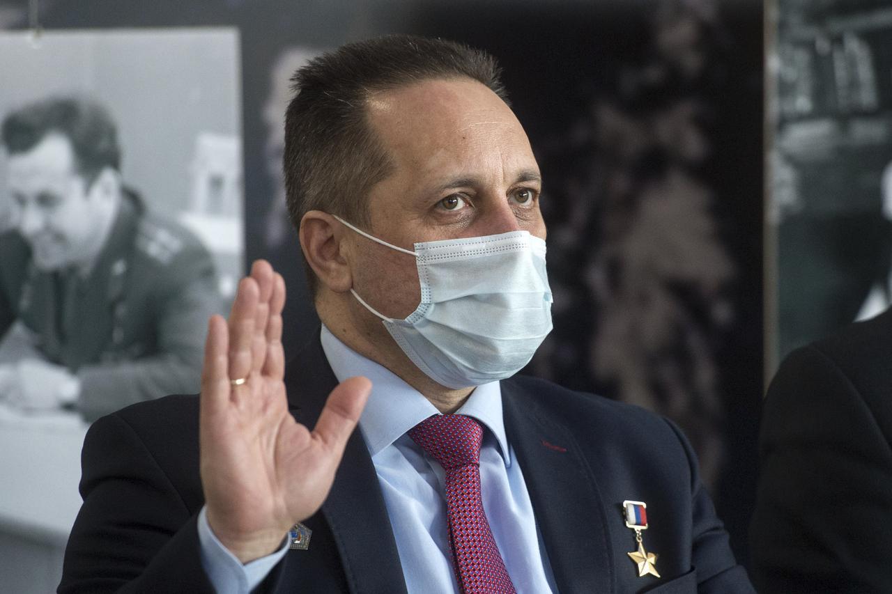 Expedition 65 backup crew member Russian cosmonaut Anton Shkaplerov of Roscosmos waves during a press conference prior to the prime crew’s launch from the Baikonur Cosmodrome in Kazakhstan, Wednesday, March 24, 2021 at the Gagarin Cosmonaut Training Center (GCTC) in Star City, Russia. Photo Credit: (NASA/GCTC/Andrey Shelepin)