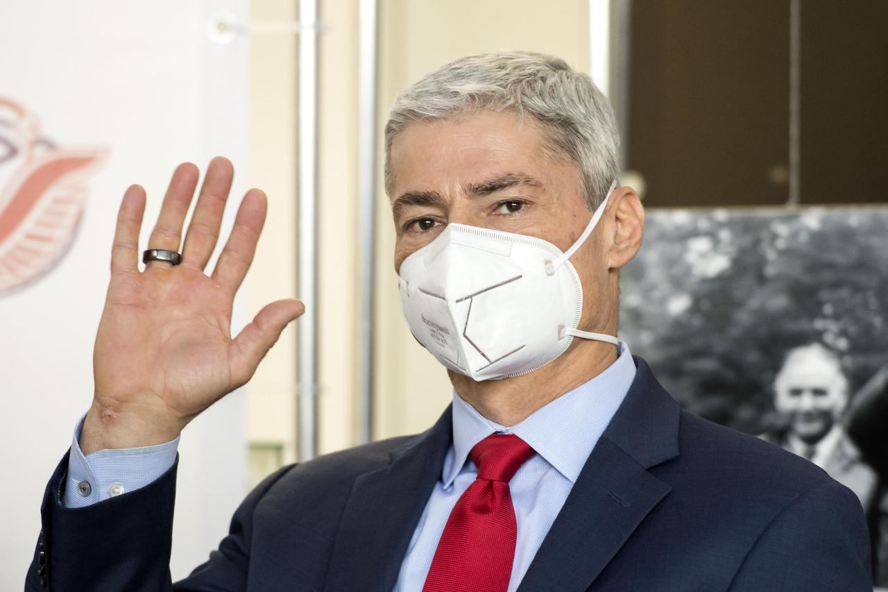 Expedition 65 prime crew member NASA astronaut Mark Vande Hei, is seen during a press conference prior to his launch from the Baikonur Cosmodrome in Kazakhstan, Wednesday, March 24, 2021 at the Gagarin Cosmonaut Training Center (GCTC) in Star City, Russia. Photo Credit: (NASA/GCTC/Irina Spector)