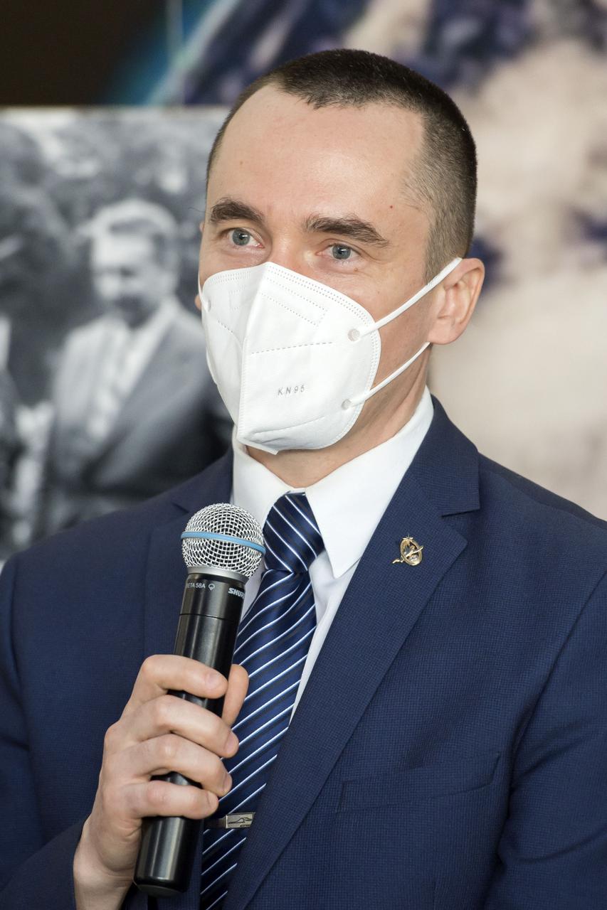 Expedition 65 prime crew member Russian cosmonaut Pyotr Dubrov of Roscosmos speaks during a press conference prior to his launch from the Baikonur Cosmodrome in Kazakhstan, Wednesday, March 24, 2021 at the Gagarin Cosmonaut Training Center (GCTC) in Star City, Russia. Photo Credit: (NASA/GCTC/Irina Spector)