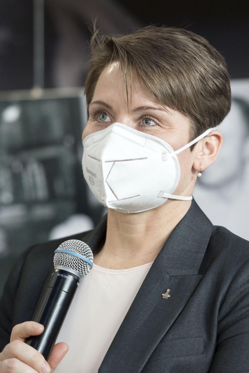 Expedition 65 backup crew member NASA astronaut Anne McClain, speaks during a press conference prior to the prime crew’s launch from the Baikonur Cosmodrome in Kazakhstan, Wednesday, March 24, 2021 at the Gagarin Cosmonaut Training Center (GCTC) in Star City, Russia. Photo Credit: (NASA/GCTC/Irina Spector)