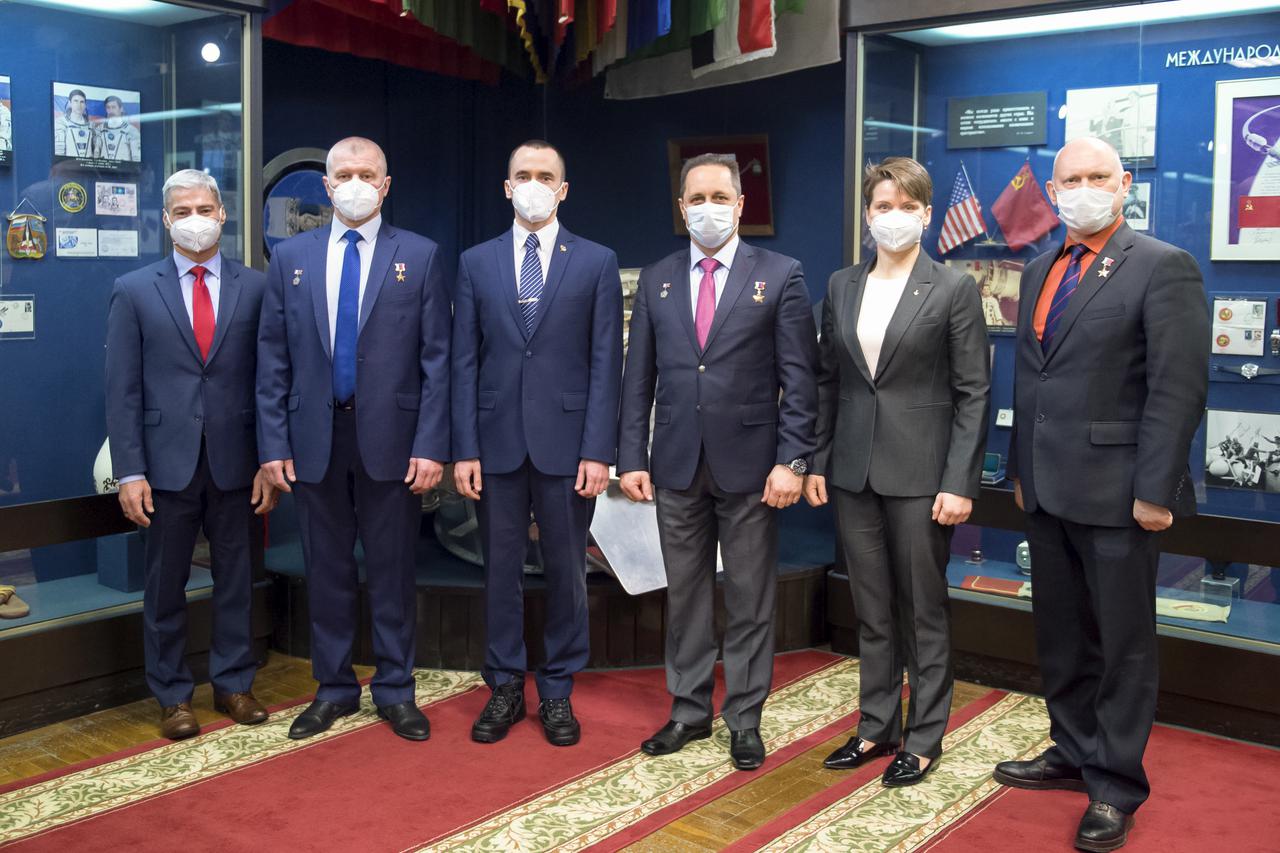 From left to right, Expedition 65 prime crew members, NASA astronaut Mark Vande Hei, Russian cosmonaut Oleg Novitskiy of Roscosmos, Russian cosmonaut Pyotr Dubrov of Roscosmos, and Expedition 65 backup crew members Russian cosmonaut Anton Shkaplerov of Roscosmos, NASA astronaut Anne McClain, and Russian cosmonaut Oleg Artemyev of Roscosmos, pose for a photo after a press conference prior to the prime team’s launch from Baikonur Cosmodrome, Wednesday, March 24, 2021 at the Gagarin Cosmonaut Training Center (GCTC) in Star City, Russia. Photo Credit: (NASA/GCTC/Irina Spector)