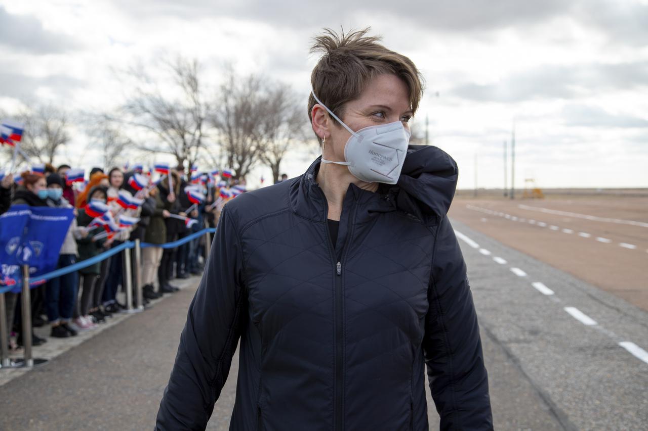 Expedition 65 backup crew member NASA astronaut Anne McClain, is seen after arriving in Baikonur, Kazakhstan from the Gagarin Cosmonaut Training Center (GCTC), Friday, March 26, 2021. The prime crew is scheduled to launch from the Baikonur Cosmodrome on a Soyuz rocket April 9. Photo Credit: (NASA/GCTC/Irina Spector)