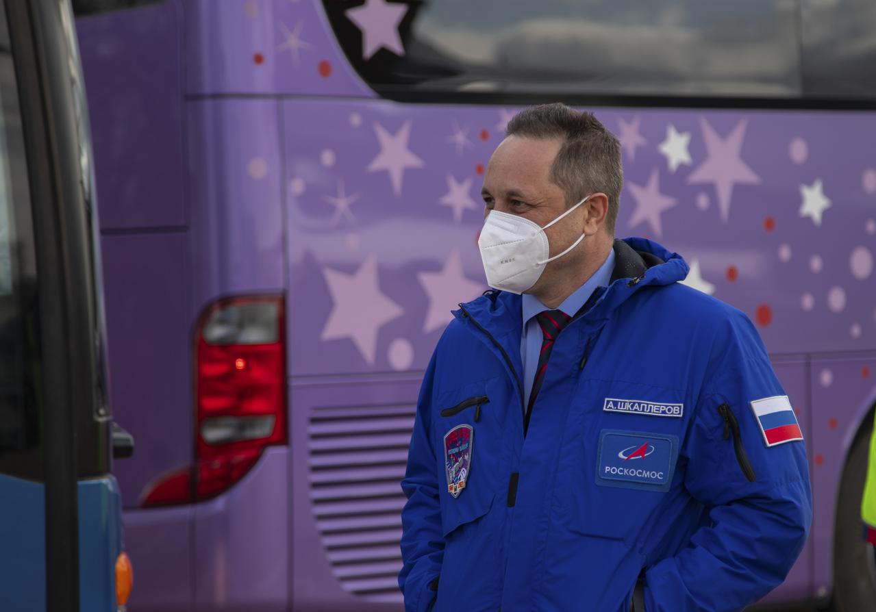 Expedition 65 backup crew member Russian cosmonaut Anton Shkaplerov of Roscosmos, is seen after arriving in Baikonur, Kazakhstan from the Gagarin Cosmonaut Training Center (GCTC), Friday, March 26, 2021. The prime crew is scheduled to launch from the Baikonur Cosmodrome on a Soyuz rocket April 9. Photo Credit: (NASA/GCTC/Irina Spector)