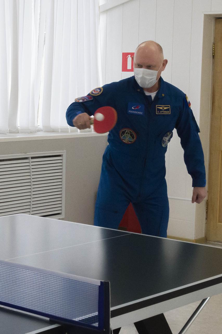 Expedition 65 backup crew member Russian cosmonaut Oleg Artemyev of Roscosmos plays a game of ping-pong, Saturday, April 3, 2021, at the Cosmonaut Hotel in Baikonur, Kazakhstan. The prime crew, NASA astronaut Mark Vande Hei, and Russian cosmonauts Oleg Novitskiy and Pyotr Dubrov of Roscosmos are scheduled to launch to the International Space Station aboard the Soyuz MS-18 spacecraft on April 9. Photo Credit: (NASA/GCTC/Irina Spector)
