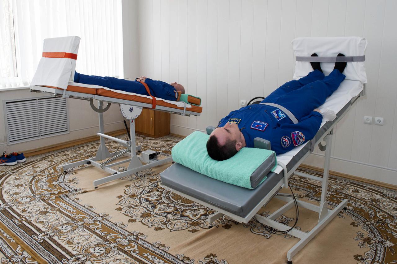 Expedition 65 prime crew members Russian cosmonaut Oleg Novitskiy, left, and Pyotr Dubrov of Roscosmos take part in tilt table training Saturday, April 3, 2021, at the Cosmonaut Hotel in Baikonur, Kazakhstan. Novitskiy, Dubrov, and NASA astronaut Mark Vande Hei, are scheduled to launch to the International Space Station aboard the Soyuz MS-18 spacecraft on April 9. Photo Credit: (NASA/GCTC/Irina Spector)