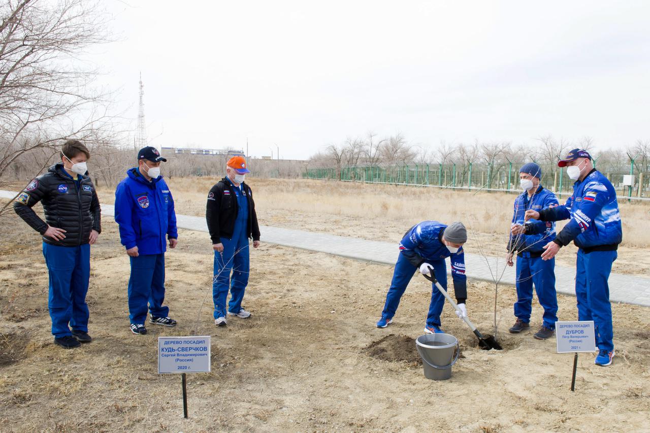 Expedition 65 prime crew member Pyotr Dubrov of Roscosmos plants a tree bearing his name while crew mates NASA astronaut Mark Vande Hei, second from right, and Oleg Novitskiy of Roscosmos, right, hold it straight for him, and Expedition 65 backup crew members watch, as part of traditional pre-launch activities, Saturday, April 3, 2021, at the Cosmonaut Hotel in Baikonur, Kazakhstan. Vande Hei, Novitskiy and Dubrov are scheduled to launch to the International Space Station aboard the Soyuz MS-18 spacecraft on April 9. Photo Credit: (NASA/GCTC/Irina Spector)