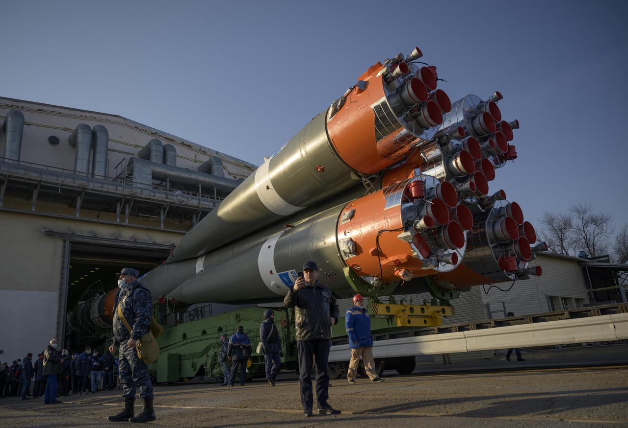The Soyuz rocket is rolled out by train to the launch pad at Site 31, Tuesday, April 6, 2021, at the Baikonur Cosmodrome in Kazakhstan. Expedition 65 NASA astronaut Mark Vande Hei, Roscosmos cosmonauts Pyotr Dubrov and Oleg Novitskiy are scheduled to launch aboard their Soyuz MS-18 spacecraft on April 9. Photo Credit: (NASA/Bill Ingalls)