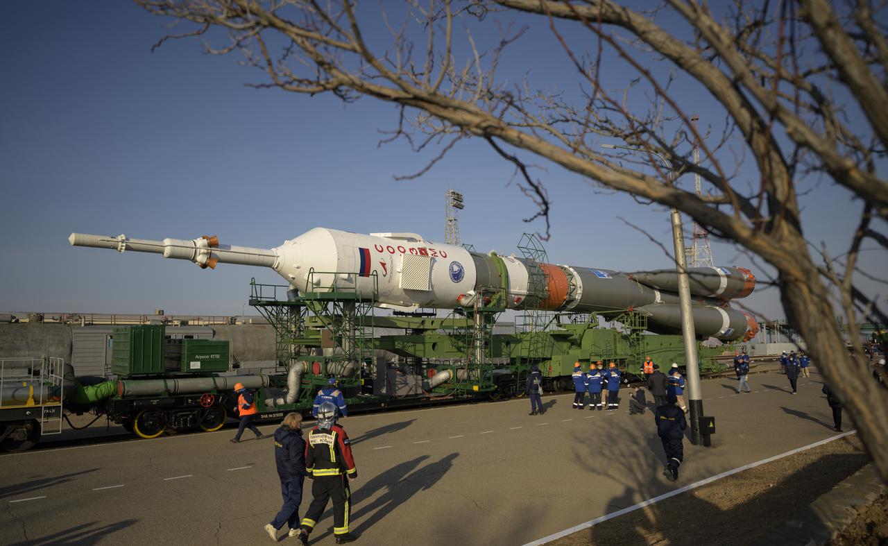 The Soyuz rocket is rolled out by train to the launch pad at Site 31, Tuesday, April 6, 2021, at the Baikonur Cosmodrome in Kazakhstan. Expedition 65 NASA astronaut Mark Vande Hei, Roscosmos cosmonauts Pyotr Dubrov and Oleg Novitskiy are scheduled to launch aboard their Soyuz MS-18 spacecraft on April 9. Photo Credit: (NASA/Bill Ingalls)