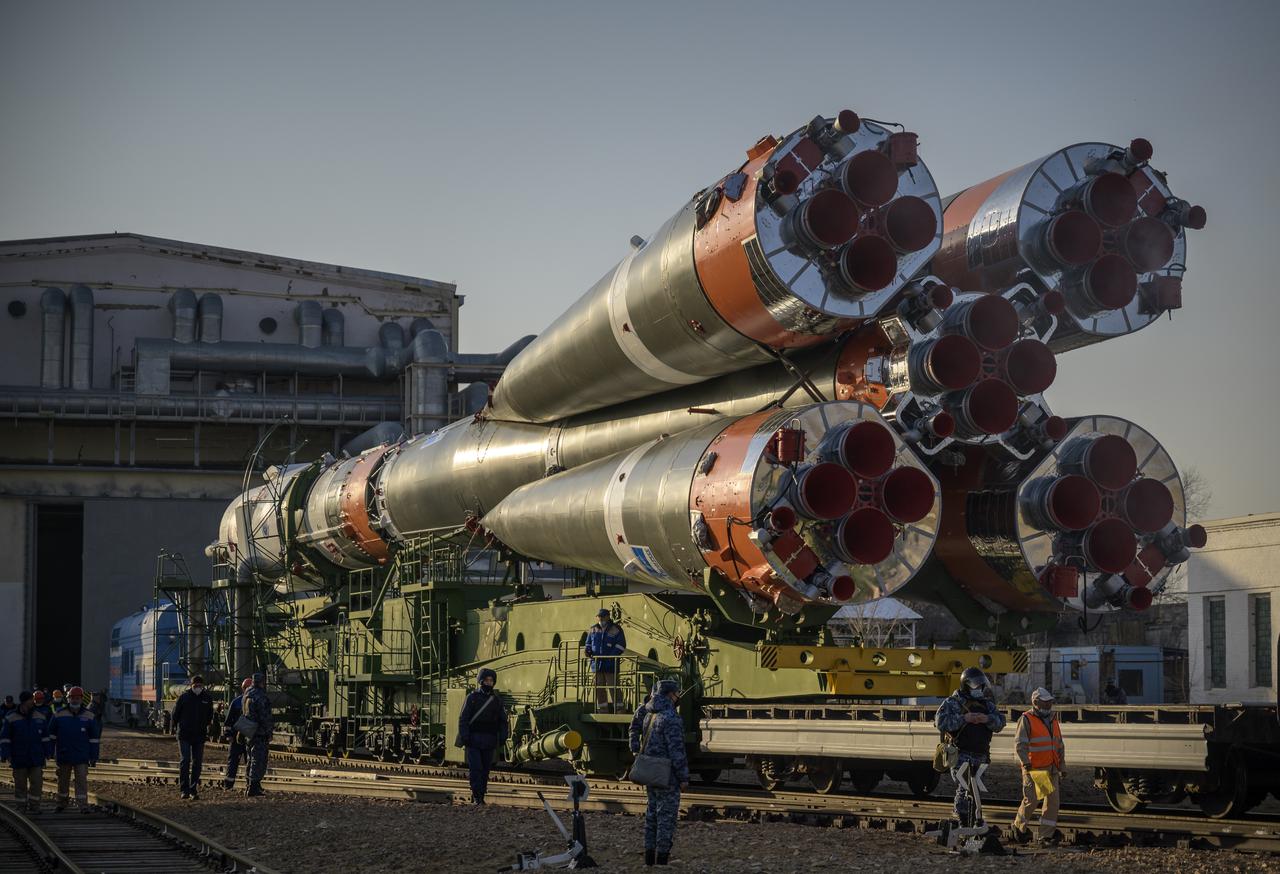 The Soyuz rocket is rolled out by train to the launch pad at Site 31, Tuesday, April 6, 2021, at the Baikonur Cosmodrome in Kazakhstan. Expedition 65 NASA astronaut Mark Vande Hei, Roscosmos cosmonauts Pyotr Dubrov and Oleg Novitskiy are scheduled to launch aboard their Soyuz MS-18 spacecraft on April 9.  Photo Credit: (NASA/Bill Ingalls)