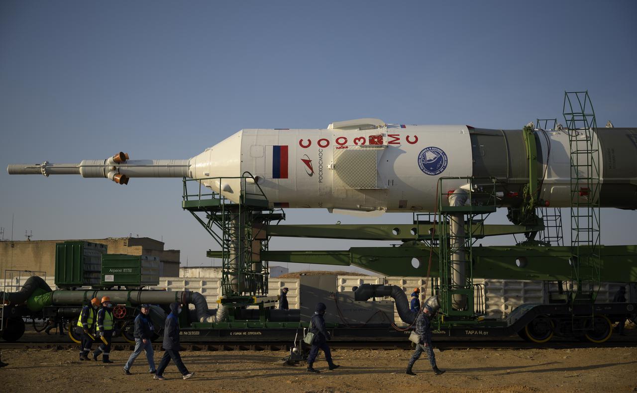 The Soyuz rocket is rolled out by train to the launch pad at Site 31, Tuesday, April 6, 2021, at the Baikonur Cosmodrome in Kazakhstan. Expedition 65 NASA astronaut Mark Vande Hei, Roscosmos cosmonauts Pyotr Dubrov and Oleg Novitskiy are scheduled to launch aboard their Soyuz MS-18 spacecraft on April 9. Photo Credit: (NASA/Bill Ingalls)
