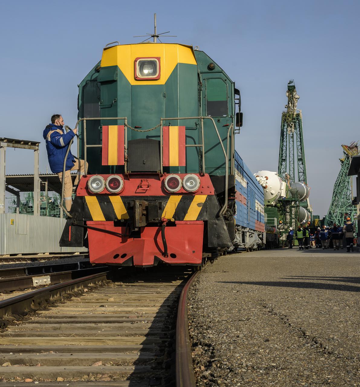 The Soyuz rocket is rolled out by train to the launch pad at Site 31, Tuesday, April 6, 2021, at the Baikonur Cosmodrome in Kazakhstan. Expedition 65 NASA astronaut Mark Vande Hei, Roscosmos cosmonauts Pyotr Dubrov and Oleg Novitskiy are scheduled to launch aboard their Soyuz MS-18 spacecraft on April 9.  Photo Credit: (NASA/Bill Ingalls)
