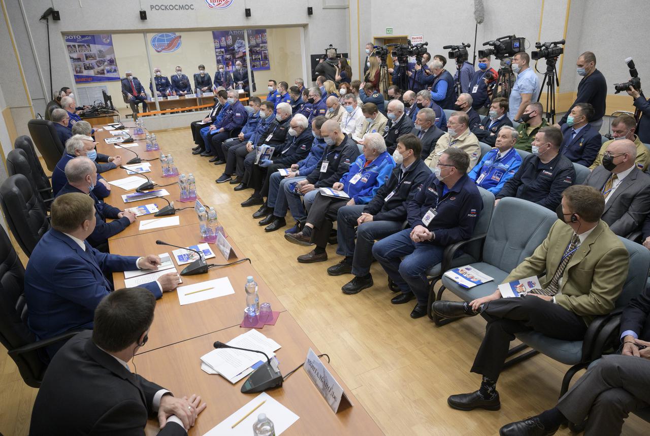 The State Commission meets to approve the Soyuz launch of Expedition 65 to the International Space Station, Thursday, April 8, 2021 at the Cosmonaut Hotel in Baikonur, Kazakhstan. Expedition 65 NASA astronaut Mark Vande Hei, Roscosmos cosmonauts Pyotr Dubrov and Oleg Novitskiy, are scheduled to launch to the International Space Station aboard the Soyuz MS-18 spacecraft on April 9. Photo Credit: (NASA/Bill Ingalls)