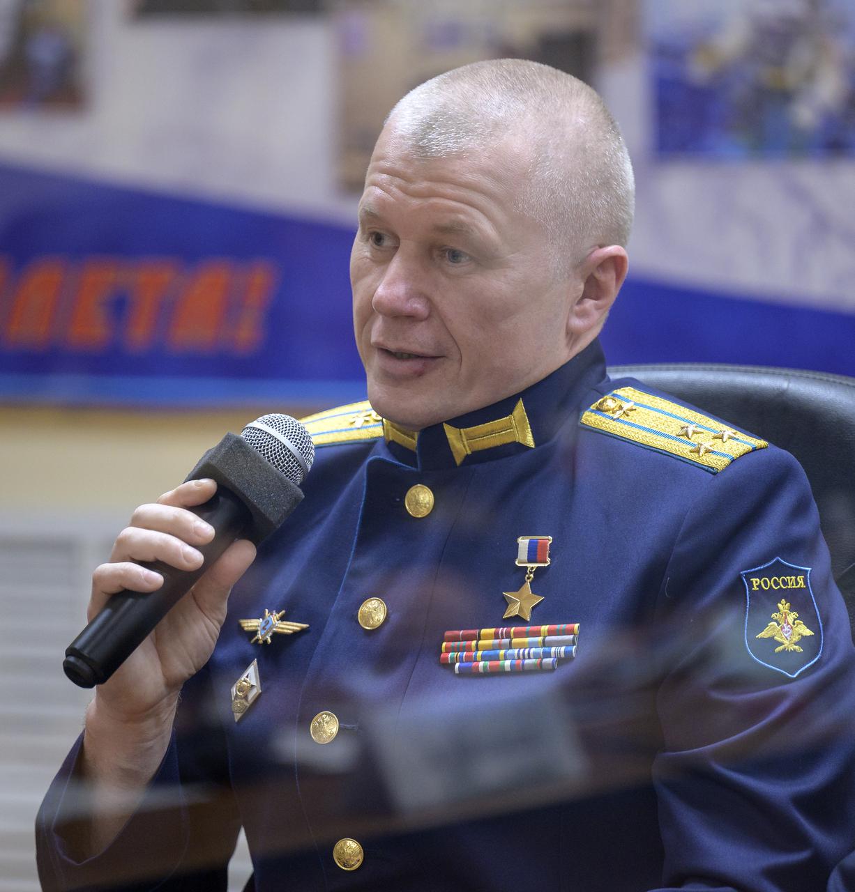 Expedition 65 Russian cosmonaut Oleg Novitskiy is seen during the State Commission meeting to approve the Soyuz launch of Expedition 65 to the International Space Station, Thursday, April 8, 2021 at the Cosmonaut Hotel in Baikonur, Kazakhstan. Expedition 65 NASA astronaut Mark Vande Hei, Roscosmos cosmonauts Pyotr Dubrov and Oleg Novitskiy, are scheduled to launch to the International Space Station aboard the Soyuz MS-18 spacecraft on April 9. Photo Credit: (NASA/Bill Ingalls)