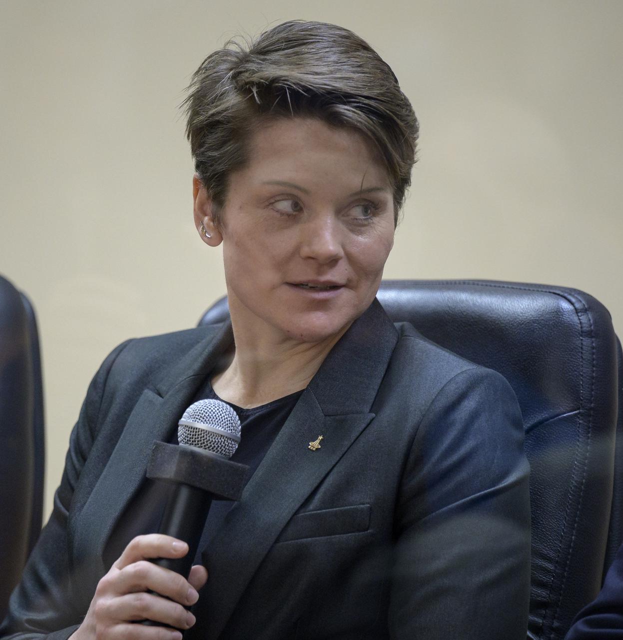 Expedition 65 backup crew member Anne McClain of NASA is seen during the State Commission meeting to approve the Soyuz launch of Expedition 65 to the International Space Station, Thursday, April 8, 2021 at the Cosmonaut Hotel in Baikonur, Kazakhstan. Expedition 65 NASA astronaut Mark Vande Hei, Roscosmos cosmonauts Pyotr Dubrov and Oleg Novitskiy, are scheduled to launch to the International Space Station aboard the Soyuz MS-18 spacecraft on April 9. Photo Credit: (NASA/Bill Ingalls)