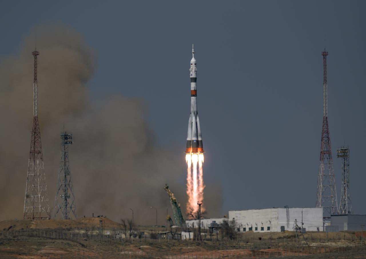 The Soyuz MS-18 rocket is launched with Expedition 65 NASA astronaut Mark Vande Hei, Roscosmos cosmonauts Pyotr Dubrov and Oleg Novitskiy, Friday, April 9, 2021, at the Baikonur Cosmodrome in Kazakhstan. Photo Credit: (NASA/Bill Ingalls)