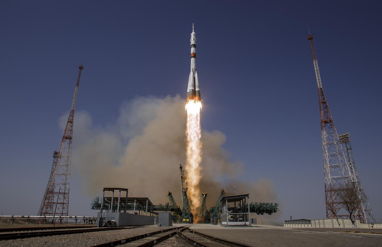 The Soyuz MS-18 rocket is launched with Expedition 65 NASA astronaut Mark Vande Hei, Roscosmos cosmonauts Pyotr Dubrov and Oleg Novitskiy, Friday, April 9, 2021, at the Baikonur Cosmodrome in Kazakhstan. Photo Credit: (NASA/Bill Ingalls)