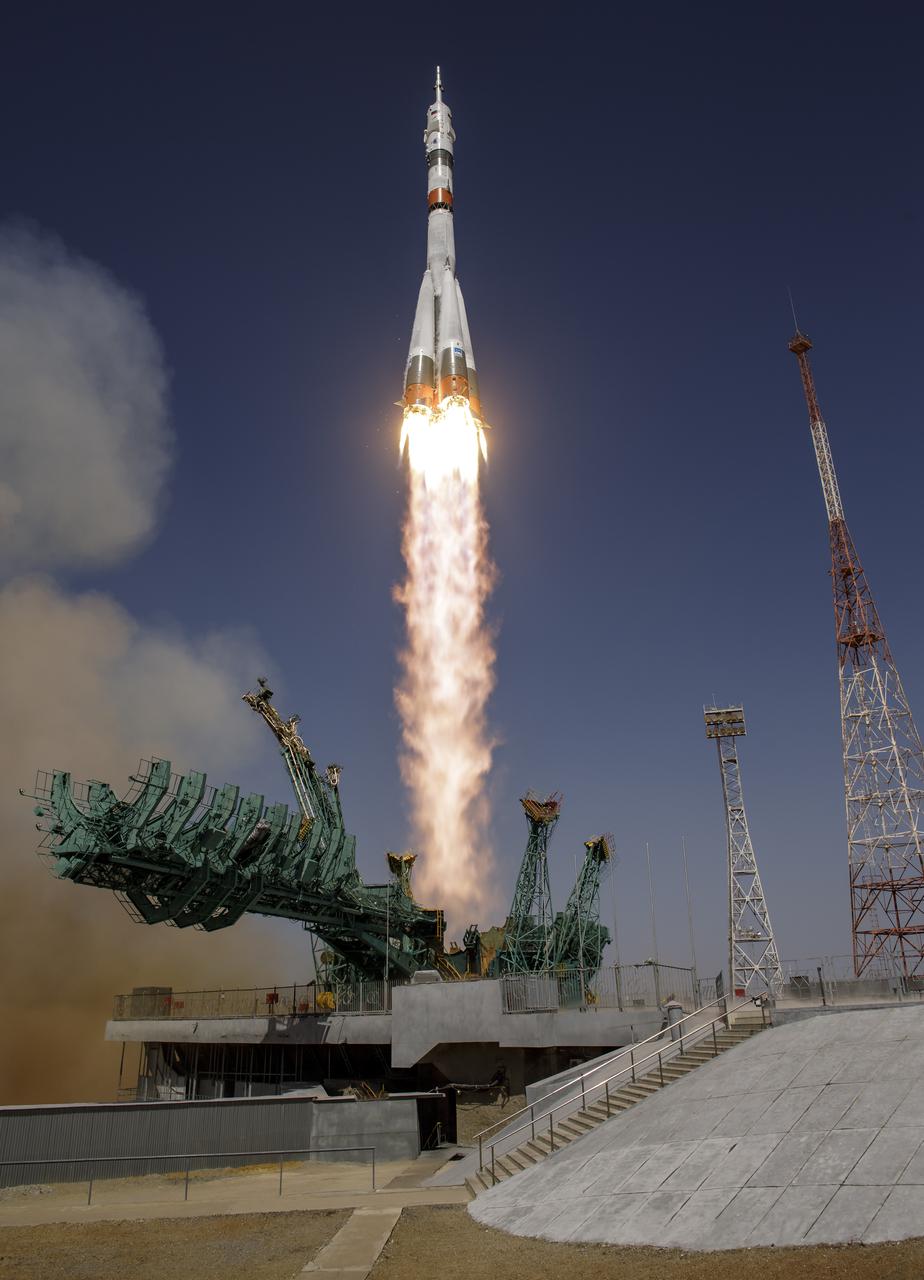 The Soyuz MS-18 rocket is launched with Expedition 65 NASA astronaut Mark Vande Hei, Roscosmos cosmonauts Pyotr Dubrov and Oleg Novitskiy, Friday, April 9, 2021, at the Baikonur Cosmodrome in Kazakhstan. Photo Credit: (NASA/Bill Ingalls)