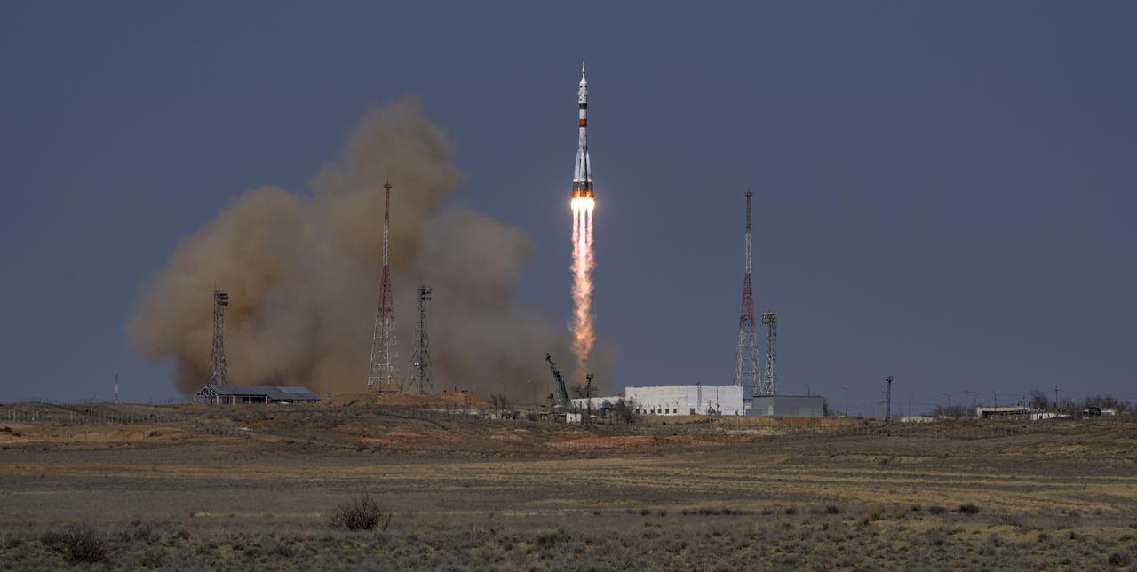 The Soyuz MS-18 rocket is launched with Expedition 65 NASA astronaut Mark Vande Hei, Roscosmos cosmonauts Pyotr Dubrov and Oleg Novitskiy, Friday, April 9, 2021, at the Baikonur Cosmodrome in Kazakhstan. Photo Credit: (NASA/Bill Ingalls)