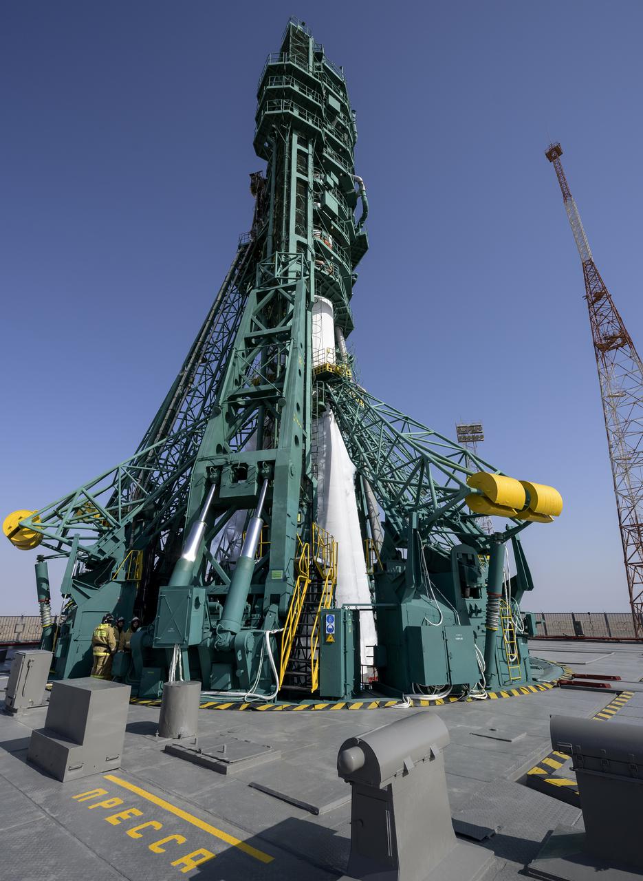The Soyuz Rocket is ready and waiting for boarding of Expedition 65 NASA astronaut Mark Vande Hei, Russian cosmonauts Oleg Novitskiy and Pyotr Dubrov, Friday, April 9, 2021 at the Baikonur Cosmodrome in Kazakhstan. Launch of the Soyuz rocket sent the trio on a mission to the International Space Station. Photo Credit: (NASA/Bill Ingalls)