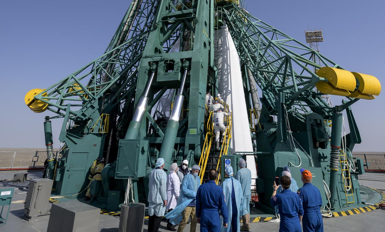 Expedition 65 NASA astronaut Mark Vande Hei, Russian cosmonauts Oleg Novitskiy and Pyotr Dubrov board the Soyuz MS-18 spacecraft for launch, Friday, April 9, 2021 at the Baikonur Cosmodrome in Kazakhstan. Launch of the Soyuz rocket sent the trio on a mission to the International Space Station. Photo Credit: (NASA/Bill Ingalls)