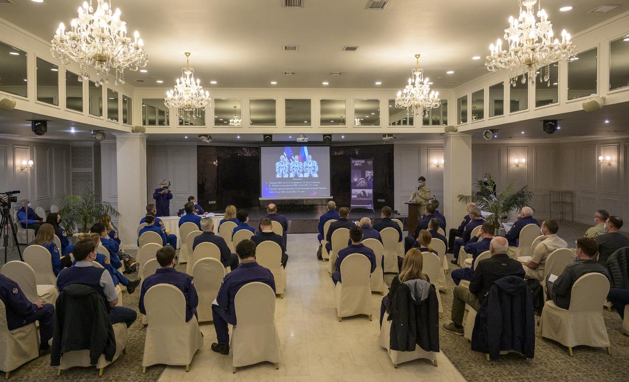 NASA, Roscosmos, and Russian Search and Recovery Forces meet at the Cosmonaut Hotel in Karaganda, Kazakhstan to discuss the readiness for the landing of Expedition 64 crew members Kate Rubins of NASA, Sergey Ryzhikov and Sergey Kud-Sverchkov of Roscosmos, Thursday, April 15, 2021, at the Cosmonaut Hotel in Karaganda. Rubins, Ryzhikov and Kud-Sverchkov will be returning after 185 days in space having served as Expedition 63-64 crew members onboard the International Space Station. Photo Credit: NASA/Bill Ingalls