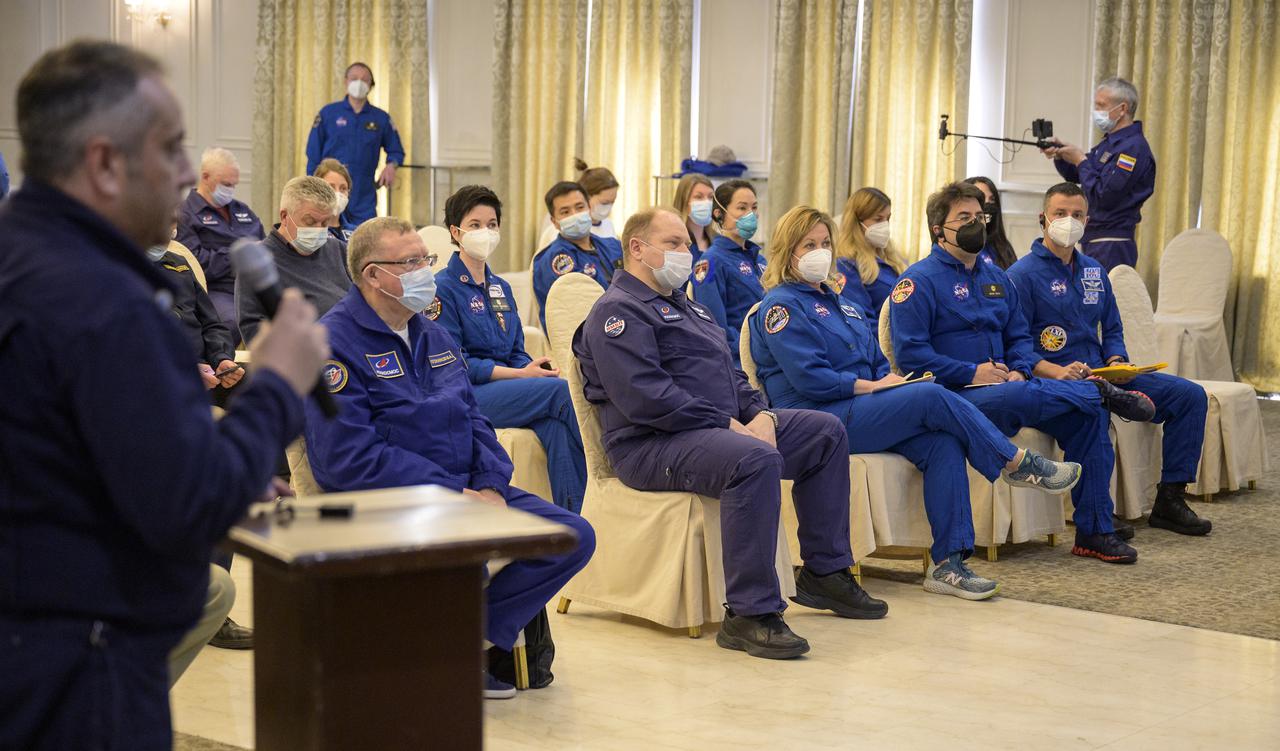 NASA, Roscosmos, and Russian Search and Recovery Forces meet at the Cosmonaut Hotel in Karaganda, Kazakhstan to discuss the readiness for the landing of Expedition 64 crew members Kate Rubins of NASA, Sergey Ryzhikov and Sergey Kud-Sverchkov of Roscosmos, Thursday, April 15, 2021, at the Cosmonaut Hotel in Karaganda. Rubins, Ryzhikov and Kud-Sverchkov will be returning after 185 days in space having served as Expedition 63-64 crew members onboard the International Space Station. Photo Credit: NASA/Bill Ingalls