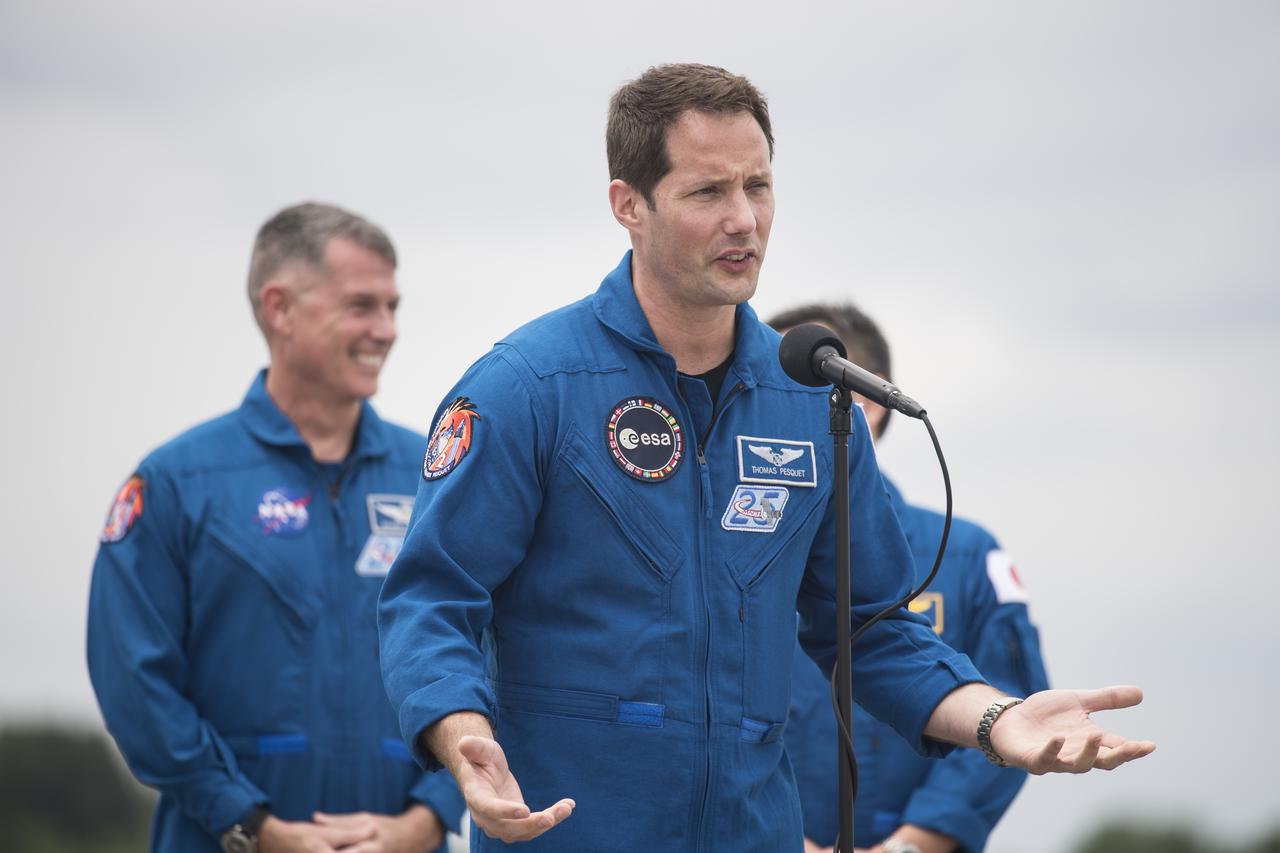 ESA (European Space Agency) astronaut Thomas Pesquet answers a question from media after he and his crew mates, NASA astronauts Shane Kimbrough and Megan McArthur, and Japan Aerospace Exploration Agency (JAXA) astronaut Akihiko Hoshide, arrived at the Launch and Landing Facility at NASA’s Kennedy Space Center ahead of SpaceX’s Crew-2 mission, Friday, April 16, 2021, in Florida. NASA’s SpaceX Crew-2 mission is the second operational mission of the SpaceX Crew Dragon spacecraft and Falcon 9 rocket to the International Space Station as part of the agency’s Commercial Crew Program. Kimbrough, McArthur, Pesquet, and Hoshide are scheduled to launch at 6:11 a.m. ET on Thursday, April 22, from Launch Complex 39A at the Kennedy Space Center. Photo Credit: (NASA/Aubrey Gemignani)