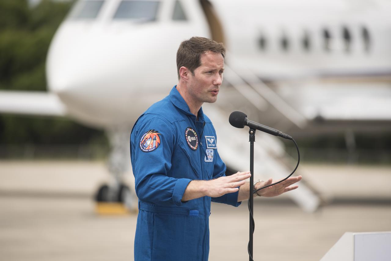 ESA (European Space Agency) astronaut Thomas Pesquet answers a question after he and his crew mates NASA astronauts Shane Kimbrough and Megan McArthur, and Japan Aerospace Exploration Agency (JAXA) astronaut Akihiko Hoshide, arrived at the Launch and Landing Facility at NASA’s Kennedy Space Center ahead of SpaceX’s Crew-2 mission, Friday, April 16, 2021, in Florida. NASA’s SpaceX Crew-2 mission is the second operational mission of the SpaceX Crew Dragon spacecraft and Falcon 9 rocket to the International Space Station as part of the agency’s Commercial Crew Program. Kimbrough, McArthur, Pesquet, and Hoshide are scheduled to launch at 6:11 a.m. ET on Thursday, April 22, from Launch Complex 39A at the Kennedy Space Center. Photo Credit: (NASA/Aubrey Gemignani)