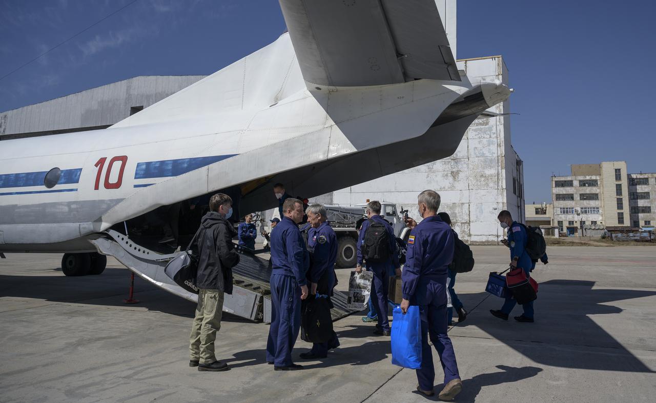 NASA, Roscosmos, and Russian Search and Recovery Forces depart Karaganda Airport for Zhezkazgan, Kazakhstan to stage for the Soyuz MS-17 landing of Expedition 64 crew members Kate Rubins of NASA, Sergey Ryzhikov and Sergey Kud-Sverchkov of Roscosmos, Friday, April 16, 2021. Rubins, Ryzhikov and Kud-Sverchkov will be returning, Saturday, April 17 after 185 days in space having served as Expedition 63-64 crew members onboard the International Space Station. Photo Credit: NASA/Bill Ingalls