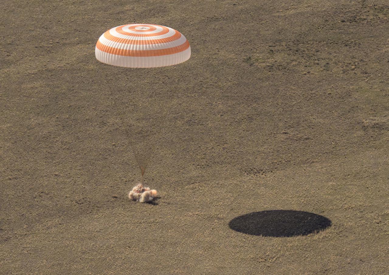 The Soyuz MS-17 spacecraft is seen as it lands in a remote area near the town of Zhezkazgan, Kazakhstan with Expedition 64 crew members Kate Rubins of NASA, Sergey Ryzhikov and Sergey Kud-Sverchkov of Roscosmos, Saturday, April 17, 2021. Rubins, Ryzhikov and Kud-Sverchkov returned after 185 days in space having served as Expedition 63-64 crew members onboard the International Space Station. Photo Credit: NASA/Bill Ingalls