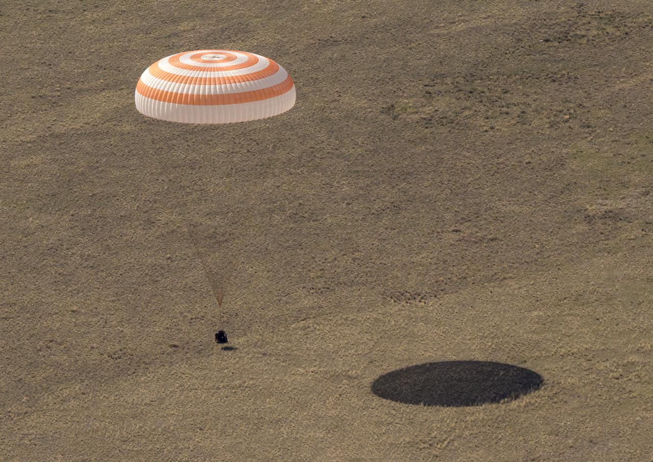 The Soyuz MS-17 spacecraft is seen as it lands in a remote area near the town of Zhezkazgan, Kazakhstan with Expedition 64 crew members Kate Rubins of NASA, Sergey Ryzhikov and Sergey Kud-Sverchkov of Roscosmos, Saturday, April 17, 2021. Rubins, Ryzhikov and Kud-Sverchkov returned after 185 days in space having served as Expedition 63-64 crew members onboard the International Space Station. Photo Credit: NASA/Bill Ingalls