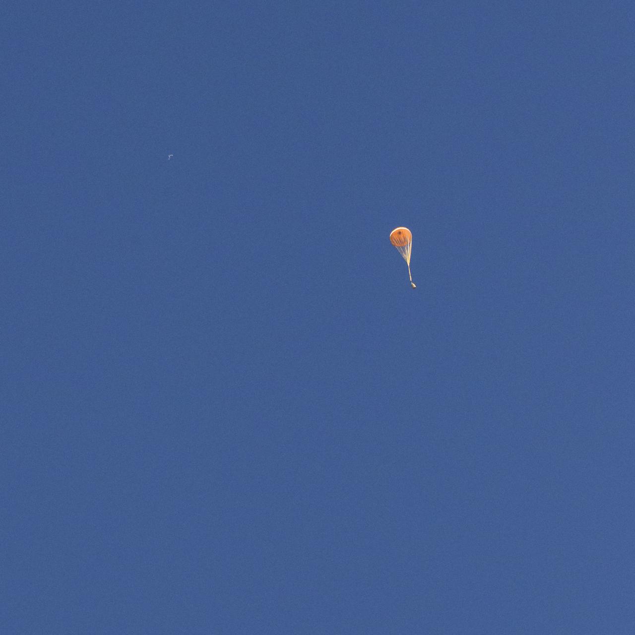 The drogue parachute of the Soyuz MS-17 spacecraft is seen as the capsule lands in a remote area near the town of Zhezkazgan, Kazakhstan with Expedition 64 crew members Kate Rubins of NASA, Sergey Ryzhikov and Sergey Kud-Sverchkov of Roscosmos, Saturday, April 17, 2021. Rubins, Ryzhikov and Kud-Sverchkov returned after 185 days in space having served as Expedition 63-64 crew members onboard the International Space Station. Photo Credit: NASA/Bill Ingalls