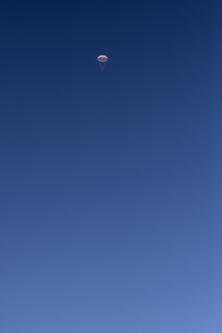 The Soyuz MS-17 spacecraft is seen as it lands in a remote area near the town of Zhezkazgan, Kazakhstan with Expedition 64 crew members Kate Rubins of NASA, Sergey Ryzhikov and Sergey Kud-Sverchkov of Roscosmos, Saturday, April 17, 2021. Rubins, Ryzhikov and Kud-Sverchkov returned after 185 days in space having served as Expedition 63-64 crew members onboard the International Space Station. Photo Credit: NASA/Bill Ingalls