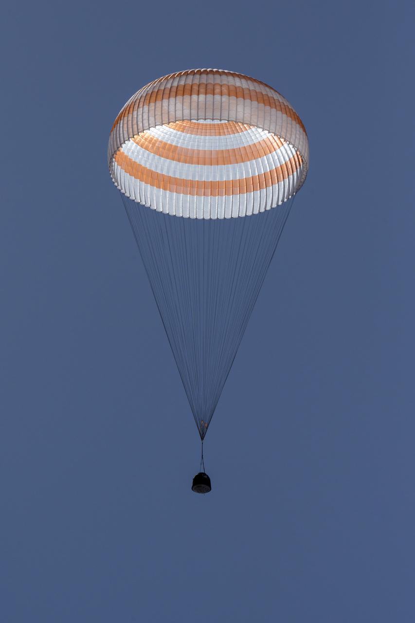 The Soyuz MS-17 spacecraft is seen as it lands in a remote area near the town of Zhezkazgan, Kazakhstan with Expedition 64 crew members Kate Rubins of NASA, Sergey Ryzhikov and Sergey Kud-Sverchkov of Roscosmos, Saturday, April 17, 2021. Rubins, Ryzhikov and Kud-Sverchkov returned after 185 days in space having served as Expedition 63-64 crew members onboard the International Space Station. Photo Credit: NASA/Bill Ingalls