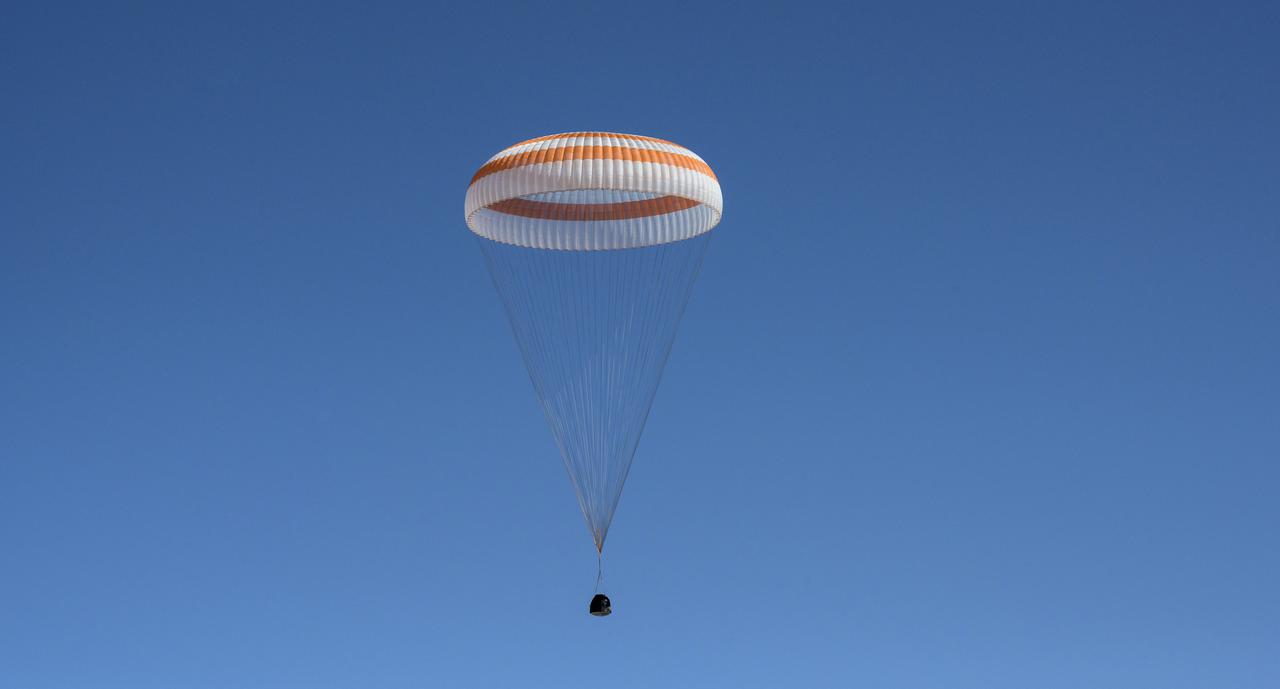 The Soyuz MS-17 spacecraft is seen as it lands in a remote area near the town of Zhezkazgan, Kazakhstan with Expedition 64 crew members Kate Rubins of NASA, Sergey Ryzhikov and Sergey Kud-Sverchkov of Roscosmos, Saturday, April 17, 2021. Rubins, Ryzhikov and Kud-Sverchkov returned after 185 days in space having served as Expedition 63-64 crew members onboard the International Space Station. Photo Credit: NASA/Bill Ingalls