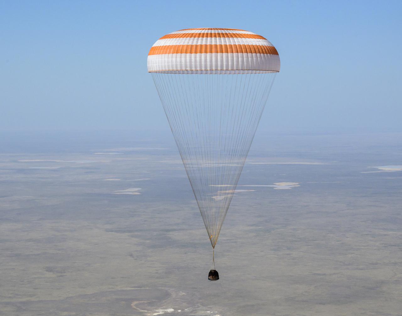 The Soyuz MS-17 spacecraft is seen as it lands in a remote area near the town of Zhezkazgan, Kazakhstan with Expedition 64 crew members Kate Rubins of NASA, Sergey Ryzhikov and Sergey Kud-Sverchkov of Roscosmos, Saturday, April 17, 2021. Rubins, Ryzhikov and Kud-Sverchkov returned after 185 days in space having served as Expedition 63-64 crew members onboard the International Space Station. Photo Credit: NASA/Bill Ingalls