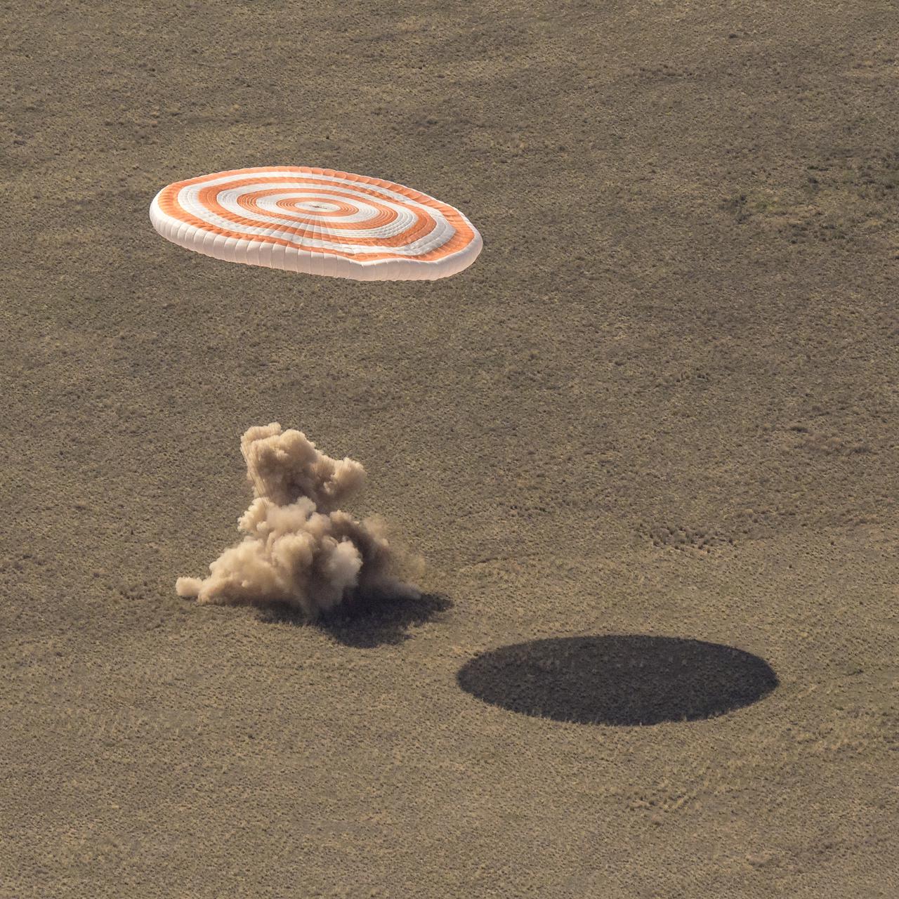 The Soyuz MS-17 spacecraft is seen as it lands in a remote area near the town of Zhezkazgan, Kazakhstan with Expedition 64 crew members Kate Rubins of NASA, Sergey Ryzhikov and Sergey Kud-Sverchkov of Roscosmos, Saturday, April 17, 2021. Rubins, Ryzhikov and Kud-Sverchkov returned after 185 days in space having served as Expedition 63-64 crew members onboard the International Space Station. Photo Credit: NASA/Bill Ingalls