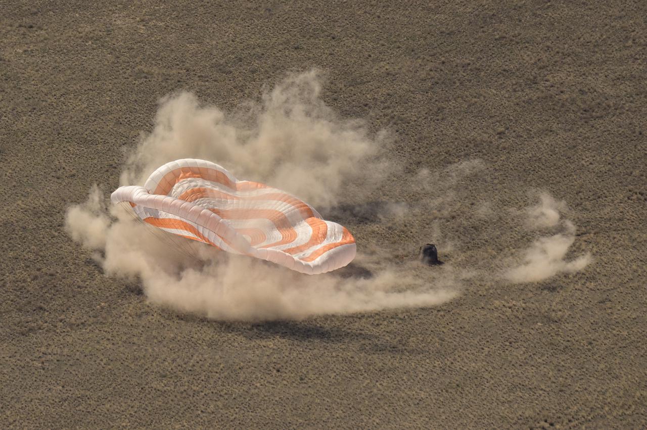 The Soyuz MS-17 spacecraft is seen as it lands in a remote area near the town of Zhezkazgan, Kazakhstan with Expedition 64 crew members Kate Rubins of NASA, Sergey Ryzhikov and Sergey Kud-Sverchkov of Roscosmos, Saturday, April 17, 2021. Rubins, Ryzhikov and Kud-Sverchkov returned after 185 days in space having served as Expedition 63-64 crew members onboard the International Space Station. Photo Credit: NASA/Bill Ingalls