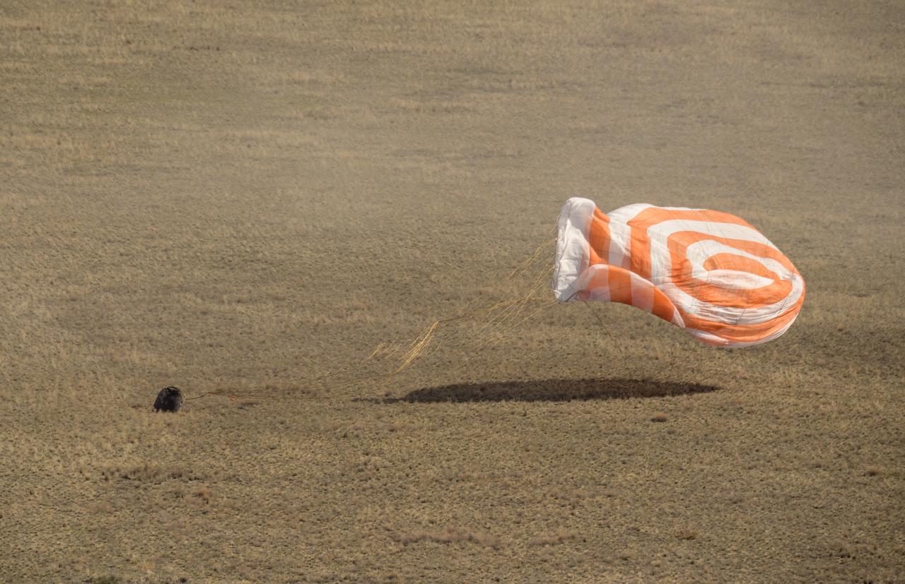The Soyuz MS-17 spacecraft is seen as it lands in a remote area near the town of Zhezkazgan, Kazakhstan with Expedition 64 crew members Kate Rubins of NASA, Sergey Ryzhikov and Sergey Kud-Sverchkov of Roscosmos, Saturday, April 17, 2021. Rubins, Ryzhikov and Kud-Sverchkov returned after 185 days in space having served as Expedition 63-64 crew members onboard the International Space Station. Photo Credit: NASA/Bill Ingalls