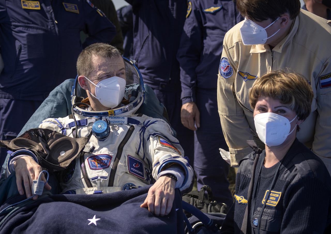 Expedition 64 Roscosmos cosmonaut Sergey Ryzhikov is seen outside the Soyuz MS-17 spacecraft after he, Roscosmos cosmonaut Sergey Kud-Sverchkov, and NASA astronaut Kate Rubins landed in a remote area near the town of Zhezkazgan, Kazakhstan on Saturday, April 17, 2021. Rubins, Ryzhikov and Kud-Sverchkov returned after 185 days in space having served as Expedition 63-64 crew members onboard the International Space Station. Photo Credit: NASA/Bill Ingalls