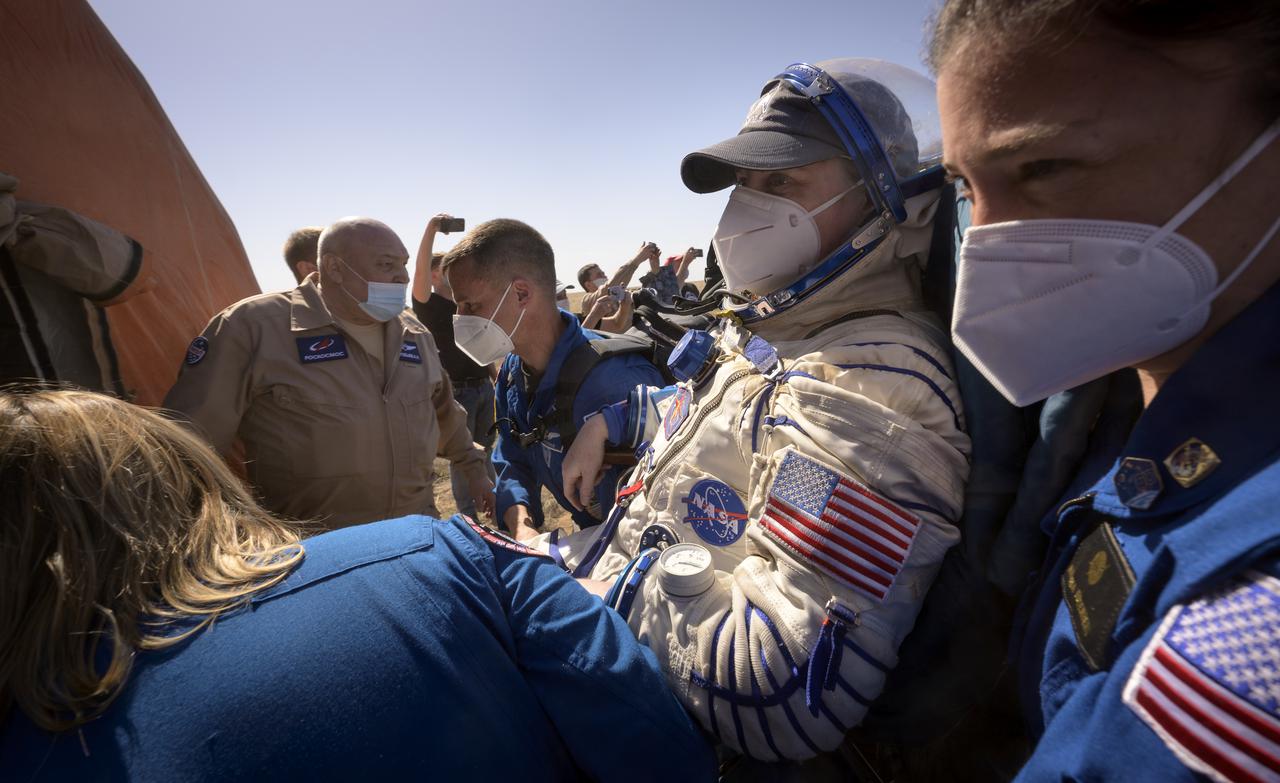 #Expedition 64 NASA astronaut Kate Rubins is carried to a medical tent shortly after she, and Roscosmos cosmonauts Sergey Ryzhikov and Sergey Kud-Sverchkov landed in their Soyuz MS-17 spacecraft near the town of Zhezkazgan, Kazakhstan on Saturday, April 17, 2021. Rubins, Ryzhikov and Kud-Sverchkov returned after 185 days in space having served as Expedition 63-64 crew members onboard the International Space Station. Photo Credit: NASA/Bill Ingalls