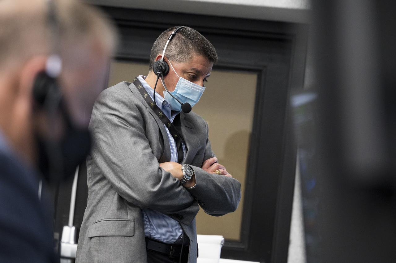 Richard Jones, manager of the Mission Management and Integration Office for NASA's Commercial Crew Program, monitors the countdown during a dress rehearsal in preparation for the launch of a SpaceX Falcon 9 rocket carrying the company's Crew Dragon spacecraft on NASA’s SpaceX Crew-2 mission with NASA astronauts Shane Kimbrough and Megan McArthur, ESA (European Space Agency) astronaut Thomas Pesquet, and Japan Aerospace Exploration Agency (JAXA) astronaut Akihiko Hoshide onboard, Sunday, April 18, 2021, in firing room four of the Launch Control Center at NASA’s Kennedy Space Center in Florida. NASA’s SpaceX Crew-2 mission is the second operational mission of the SpaceX Crew Dragon spacecraft and Falcon 9 rocket to the International Space Station as part of the agency’s Commercial Crew Program. Kimbrough, McArthur, Pesquet, and Hoshide are scheduled to launch at 6:11 a.m. ET on Thursday, April 22, from Launch Complex 39A at the Kennedy Space Center. Photo Credit: (NASA/Joel Kowsky)