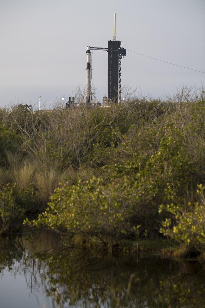 A SpaceX Falcon 9 rocket with the company's Crew Dragon spacecraft onboard is seen on the launch pad at Launch Complex 39A as preparations continue for the Crew-2 mission, Sunday, April 18, 2021, at NASA’s Kennedy Space Center in Florida. NASA’s SpaceX Crew-2 mission is the second crew rotation mission of the SpaceX Crew Dragon spacecraft and Falcon 9 rocket to the International Space Station as part of the agency’s Commercial Crew Program. NASA astronauts Shane Kimbrough and Megan McArthur, ESA (European Space Agency) astronaut Thomas Pesquet, and Japan Aerospace Exploration Agency (JAXA) astronaut Akihiko Hoshide are scheduled to launch at 6:11 a.m. ET on Thursday, April 22, from Launch Complex 39A at the Kennedy Space Center. Photo Credit: (NASA/Aubrey Gemignani)